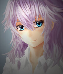  alternate_hair_color alternate_hair_length alternate_hairstyle atkdog blue_eyes bow braid close-up collared_shirt commentary eyebrows eyelashes female grey_background hairbow highres izayoi_sakuya long_hair looking_at_viewer neck photoshop_(medium) purple_hair shirt smile solo touhou twin_braids upper_body 