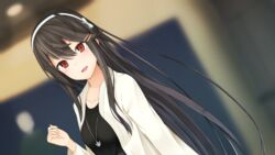  :d alternate_costume black_hair black_shirt brown_eyes collarbone commentary_request female hair_between_eyes hair_ornament hairclip haruna_(kancolle) hiraba_6018 jacket jewelry kantai_collection long_hair long_sleeves necklace open_mouth shirt smile solo white_jacket 