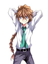  1boy bad_id bad_pixiv_id blue_eyes braid braided_ponytail brown_hair duo_maxwell formal gundam gundam_wing hinano long_hair looking_at_viewer male_focus necktie single_braid solo suit 