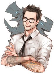  1boy bad_id bad_pixiv_id black_hair blue_eyes crossed_arms facial_hair glasses kaijuu knifehead male_focus mutavore necktie newton_geiszler onegingek pacific_rim photoshop_(medium) shirt sleeves_rolled_up solo_focus stubble tattoo trespasser upper_body 