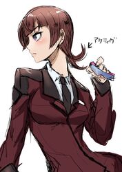  active_raid blush breasts brown_hair female ichigai_(hayawossan) kazari_asami long_hair necktie open_mouth purple_eyes solo suit 