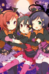  3girls :o ;d animal_ears animal_hands bat_(animal) black_gloves black_hair black_legwear bow cape cat_ears cat_tail chestnut_mouth commentary_request cover cover_page dancing_stars_on_me! doujin_cover dress elbow_gloves fur_trim girl_sandwich gloves hair_ornament hairband hairclip halloween halloween_costume hat head_wings love_live! love_live!_school_idol_project moon multiple_girls nishikino_maki oerba_yun_fang one_eye_closed open_mouth paw_gloves pink_gloves pink_legwear print_thighhighs red_eyes red_hair sandwiched shiroi_hakuto smile star_(symbol) star_print tail thighhighs tojo_nozomi wings witch_hat yazawa_nico 