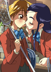  2girls blazer blue_hair blush bow bowtie brown_eyes cirima closed_eyes flat_chest futari_wa_precure hair_ornament hairclip heart incipient_kiss kissing lacrosse long_hair misumi_nagisa multiple_girls orange_hair precure purple_hair red_eyes school_uniform short_hair striped volvox yukishiro_honoka yuri 