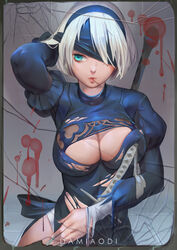  2b_(nier:automata) arm_up artist_name blindfold blindfold_lift blue_dress breasts chinese_commentary cleavage cleavage_cutout clothing_cutout commentary_request damiaodi dress female gloves green_eyes hairband highres holding holding_sword holding_weapon juliet_sleeves large_breasts long_sleeves looking_at_viewer mole mole_under_mouth mouth_hold nier:automata nier_(series) no_bra one_eye_covered panties photoshop_(medium) puffy_sleeves short_hair simple_background solo standing sword torn_clothes torn_dress underwear weapon white_hair white_panties 