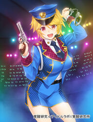  breasts commentary_request cuffs female gun handcuffs handgun hat highres kakusei_kenkyuu_idol_lab large_breasts necktie photoshop_(medium) police police_hat police_uniform revolver solo uniform wacchi weapon yajima_chitose 