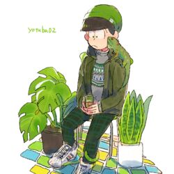  1boy artist_name beanie brown_hair casual chair commentary_request hat hood hoodie iguana male_focus matsuno_choromatsu osomatsu-kun osomatsu-san osomatsu_(series) pants plaid plaid_pants plant shoes simple_background sitting sneakers solo tile_floor tiles white_background yotsuba_(mayuge83) 