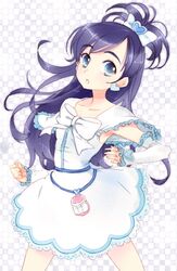  blue_eyes blue_hair cellphone cure_white detached_sleeves dress earrings female futari_wa_precure gloves half_updo jewelry long_hair looking_at_viewer magical_girl mofmof_(sousa) phone precure solo standing white_dress yukishiro_honoka 