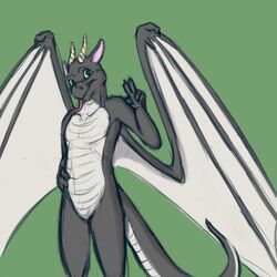  1:1 ananace anthro belly belly_scales countershade_tail countershade_torso countershading digital_media_(artwork) dragon featureless_crotch forked_tongue gesture green_background green_eyes grey_body grey_skin hairless hand_gesture hi_res horn long_tongue male membrane_(anatomy) membranous_wings mythological_creature mythological_scalie mythology nude peanertgallery scales scalie simple_background solo tail tongue tongue_out v_sign white_body white_countershading white_membrane wings 