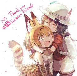  2girls ;d animal_ears backpack bad_id bad_pixiv_id bag bare_shoulders black_hair blonde_hair blush brown_eyes brown_hair closed_eyes copyright_name cross-laced_clothes elbow_gloves english_text gloves hat hat_feather helmet high-waist_skirt hug kaban_(kemono_friends) kemono_friends lucky_beast_(kemono_friends) multiple_girls oerba_yun_fang one_eye_closed open_mouth pantyhose pantyhose_under_shorts pith_helmet red_shirt serval_(kemono_friends) serval_print shirt short_hair short_sleeves shorts skirt sleeveless sleeveless_shirt smile tail tearing_up thank_you tochibi wavy_hair 