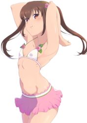  arched_back armpits arms_behind_head bad_id bad_pixiv_id bikini bikini_skirt brown_hair female flat_chest flower hair_flower hair_ornament hairband highres kurosa_kichi long_hair looking_at_viewer navel photokano pink_skirt sakura_mai_(photokano) simple_background skirt smile solo standing swimsuit twintails white_background 