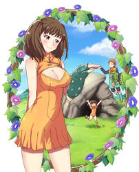  1boy :d aged_down arms_up bare_shoulders blush boots breasts cave cleavage cleavage_cutout closed_eyes clothing_cutout cloud commentary_request couple day diane_(nanatsu_no_taizai) dress female fingerless_gloves floating flower giant giantess gloves grass highres holding_hands hood jacket king_(nanatsu_no_taizai) large_breasts leotard naginoya nanatsu_no_taizai open_mouth orange_dress orange_leotard outdoors pillow plant projected_inset puffy_sleeves single_glove sky smile straight vines 