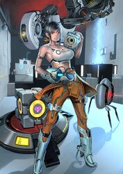  aperture_science_handheld_portal_device aperture_science_weighted_companion_cube atlas_(portal) black_hair breasts chell commentary_request female glados jumpsuit large_breasts long_fall_boots midriff orange_jumpsuit p-body personality_core ponytail portal_(series) portal_1 portal_2 sentry_turret_(portal) smile space_core sugiura_yoshio tank_top wheatley 