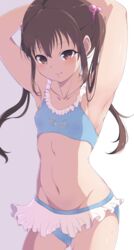  armpits arms_behind_head bad_id bad_pixiv_id bikini blue_bikini blush brown_hair closed_mouth collarbone covered_nipples cowboy_shot female flat_chest frilled_bikini frills hair_bobbles hair_ornament highres kurosa_kichi long_hair looking_at_viewer navel photokano sakura_mai_(photokano) sidelocks smile solo stomach sweatdrop swimsuit twintails 