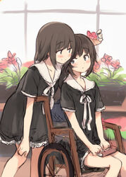  bangs black_dress blue_eyes blush book book_on_lap brown_hair dress eyebrows_visible_through_hair flower flowers_(innocent_grey) greenhouse highres holding kyuri long_hair multiple_girls open_mouth plant ribbon school_uniform short_hair short_sleeves sitting smile takasaki_chidori wheelchair white_ribbon window yaegaki_erika yuri 