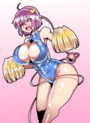  breasts cheerleader commentary_request eyeball female front_zipper_swimsuit futaba_suetsuki komeiji_satori large_breasts meme_attire one-piece_swimsuit pom_pom_(cheerleading) purple_eyes purple_hair short_hair swimsuit third_eye touhou 