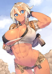  23_(real_xxiii) :&lt; abs blonde_hair blue_eyes breasts camouflage camouflage_shorts cloud commentary_request covered_nipples day dog_tags female fingerless_gloves gloves gun handgun highres holster large_breasts muscular navel original puffy_nipples sela_(23) short_hair shorts sky solo sweat sweatdrop walther walther_p99 weapon zipper 