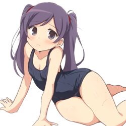  blush breasts cleavage closed_mouth collarbone commentary covered_navel curakuru female foot_out_of_frame frown grey_eyes long_hair mega_man_(series) mega_man_battle_network_(series) old_school_swimsuit parted_bangs purple_hair school_swimsuit shuko_kido_(mega_man) simple_background sitting small_breasts solo split_mouth swimsuit tearing_up twintails white_background yokozuwari 