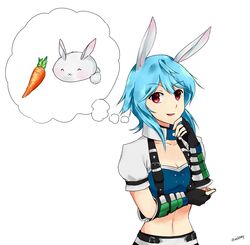  2015 5_fingers ambiguous_gender animal_humanoid anime_eyes arm_support armor artist_name bangs belt black_belt black_clothing black_gauntlets black_gloves black_handwear blue_clothing blue_crop_top blue_hair blue_shirt blue_topwear blush bottomwear breasts bunny_(trickster_online) carrot cleavage closed_eyes clothed clothing collar collarbone colored crop_top digital_drawing_(artwork) digital_media_(artwork) duo duokhay eyebrow_through_hair eyebrows female fingerless_gloves fingers food fur gauntlets gloves hair hand_on_chin hand_on_elbow handwear hi_res humanoid lagomorph lagomorph_humanoid leaning_on_elbow leporid leporid_humanoid long_ears mammal mammal_humanoid medium_hair midriff multicolored_clothing multicolored_crop_top multicolored_shirt multicolored_topwear navel open_mouth open_smile plant rabbit rabbit_humanoid red_eyes red_tongue shaded shirt simple_background skirt smile smiling_at_viewer standing straps tail tan_body tan_skin text thin_eyebrows thinking thought_bubble tongue topwear translucent translucent_hair trickster_online vegetable white_background white_body white_bottomwear white_clothing white_fur white_skirt white_tail 