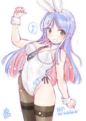  alternate_costume animal_ears black_necktie blue_hair breasts character_name commentary_request cowboy_shot dated detached_collar eighth_note female grey_eyes grin kantai_collection koshigaya_tatsumi large_breasts leotard long_hair multicolored_hair musical_note necktie one-hour_drawing_challenge pantyhose playboy_bunny rabbit_ears rabbit_tail red_hair side-tie_leotard signature simple_background single_leg_pantyhose smile solo south_dakota_(kancolle) spoken_musical_note strapless strapless_leotard tail thighhighs_under_pantyhose white_background white_hair white_leotard wrist_cuffs 