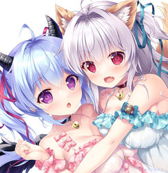  2girls ahoge animal_ear_fluff animal_ears aqua_dress aqua_ribbon bare_shoulders bell black_choker blue_hair blush bow breast_press breasts chestnut_mouth choker cleavage commentary_request demon_girl demon_horns dress dutch_angle eyelashes eyes_visible_through_hair fox_ears fox_girl frilled_dress frills grey_hair hair_between_eyes hair_intakes hair_ribbon hand_up highres horns hug jingle_bell kyuubi_(sennen_sensou_aigis) large_breasts lock long_hair looking_at_viewer mikeou miruno_(sennen_sensou_aigis) multiple_girls oerba_yun_fang open_mouth pink_bow pink_dress pink_wrist_cuffs purple_eyes red_eyes red_ribbon ribbon sennen_sensou_aigis simple_background symmetrical_docking twintails twitter_username two_side_up upper_body white_background wrist_cuffs 