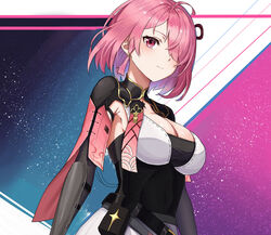  ahoge armpit_crease black_dress blue_background breasts chinese_commentary cleavage collared_dress commentary covered_navel detached_sleeves dress female gauntlets hair_over_one_eye highres large_breasts li_alter light_particles looking_at_viewer low-tied_sidelocks one_eye_covered pink_background pink_eyes pink_hair pink_sleeves short_hair shoulder_pads solo taoqi_(wuthering_waves) two-tone_background two-tone_dress upper_body white_dress wuthering_waves 