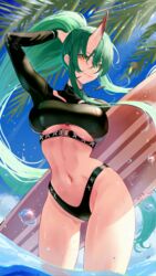  absurdres aoi_tooru arknights arm_up blue_sky breasts commentary_request crop_top diving_board female green_hair hair_between_eyes highres holding holding_surfboard horns hoshiguma_(arknights) hoshiguma_(seeker_sk97)_(arknights) light_smile long_hair long_sleeves looking_at_viewer midriff navel ocean official_alternate_costume oni outdoors palm_leaf partially_submerged ponytail scar scar_on_cheek scar_on_face single_horn skin-covered_horns sky solo sparkle standing surfboard tropical underboob very_long_hair water water_drop yellow_eyes 