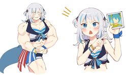  :3 blue_eyes blue_hair blush closed_eyes commentary female fins fish_tail fitness_boxing_feat._hatsune_miku:_isshoni_exercise flexing gawr_gura grey_hair hair_ornament hatsune_miku highres holding holding_photo hololive hololive_english hololive_summer_2023_swimsuit looking_at_viewer mittsu multicolored_hair multiple_views muscular muscular_female official_alternate_costume official_art photo_(object) shark_girl shark_hair_ornament shark_tail shorts simple_background streaked_hair swimsuit tail triangle_mouth two_side_up virtual_youtuber vocaloid white_background wristband 