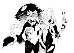  2girls abyssal_ship black_gloves cane cape claws commission crossover gloves greyscale hat headgear highres kantai_collection monochrome monster_girl multiple_girls pants rachael_foley reizo_ne resident_evil resident_evil:_revelations tentacle torn_clothes veins wo-class_aircraft_carrier 