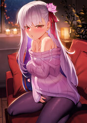  absurdres bare_shoulders blush breasts earrings fate/grand_order fate_(series) female flower hair_flower hair_ornament hair_ribbon highres jewelry kama_(fate) kama_(mistake)_(fate) long_hair looking_at_viewer m-da_s-tarou medium_breasts necklace off-shoulder_sweater off_shoulder open_mouth pantyhose pregnant red_eyes ribbon solo sweater white_hair 