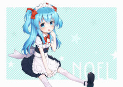  apron blue_eyes blue_hair blush bow bowtie character_name commentary_request diagonal_striped_background finger_to_mouth hairbow highres kasehk maid maid_apron maid_headdress multiple_hair_bows noel_(sora_no_method) open_mouth puffy_short_sleeves puffy_sleeves short_sleeves sitting sora_no_method star_(symbol) striped_background thighhighs 