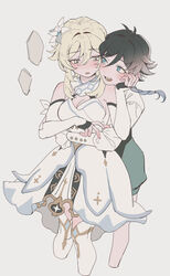  1boy bare_shoulders black_hair blonde_hair blue_eyes blue_hair blush braid breasts cleavage cropped_legs detached_sleeves dress female flower fridaynightcat genshin_impact grey_background hair_between_eyes hair_flower hair_ornament highres hug hug_from_behind long_sleeves lumine_(genshin_impact) medium_breasts multicolored_hair open_mouth short_hair_with_long_locks simple_background straight thighhighs venti_(genshin_impact) white_dress white_flower white_thighhighs yellow_eyes 