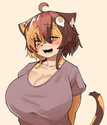  ahoge animal_ear_fluff animal_ears animal_nose arm_behind_back bags_under_eyes blush body_fur breasts brown_eyes brown_fur brown_tail cat_ears cat_girl cat_tail cleavage collarbone egg_hair_ornament fangs female food-themed_hair_ornament furry furry_female grey_shirt hair_between_eyes hair_ornament hairclip highres huge_breasts kagarimachi_konatsu light_brown_background looking_at_viewer medium_hair multicolored_fur multicolored_hair nekotsuki_kohime_(kagarimachi_konatsu) open_mouth original sharp_teeth shirt short_sleeves sidelocks simple_background slit_pupils solo t-shirt tail tareme teeth upper_body yellow_fur yellow_tail 