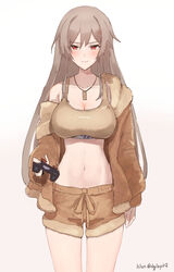  absurdres breasts brown_hair brown_jacket brown_shorts brown_sports_bra cleavage controller cowboy_shot dog_tags female fur_jacket furen_e_lustario furen_e_lustario_(5th_costume) game_controller highres hlsn_dglaq3g holding holding_controller holding_game_controller jacket large_breasts long_hair looking_at_viewer navel nijisanji open_clothes open_jacket red_eyes shorts simple_background single_bare_shoulder smile solo sports_bra stomach twitter_username very_long_hair virtual_youtuber white_background 