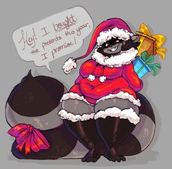  2019 3_toes absolute_territory absurd_res accessory anthro artist_name belly big_breasts big_tail biped black_clothing black_hair black_legwear black_mask black_nose black_stocking black_thigh_highs black_toes blue_gift blush blush_lines bottom_heavy bow_ribbon breasts brown_eyes christmas christmas_clothing christmas_headwear clothing colored conjoined_speech_bubble dated dialogue digital_media_(artwork) digital_painting_(artwork) drawstring drawstring_topwear dress english_text exclamation_point eyebrow_through_hat feet female fluffy fluffy_tail footwear front_view full-length_portrait fur furgonomics gift gift_bow glistening glistening_body glistening_bow glistening_clothing glistening_eyes glistening_fur glistening_legs glistening_ribbon glistening_tail glistening_thighs green_bow green_ribbons grey_background grey_body grey_ears grey_fur grey_speech_bubble grey_tail hair hat headgear headwear hi_res holidays huge_tail huge_thighs interjection legwear long_tail looking_forward mallory_(toxicsoul77) mammal markings mask navel_outline nipple_outline open_mouth open_smile orange_gift overweight overweight_anthro overweight_female portrait procyonid pupils raccoon raccoon_tail red_bow red_clothing red_dress red_hat red_headwear red_ribbon ribbons ring_(marking) ringed_tail santa_dress santa_hat shaded shadow signature simple_background smile solo speech_bubble standing striped_markings striped_tail stripes tail tail_accessory tail_bow tail_markings tail_ribbon tail_tuft talking_to_another teeth text thick_thighs thigh_highs toeless_footwear toeless_legwear toeless_stockings toes toxicsoul77 translucent translucent_clothing translucent_hat translucent_headwear tuft underline wide_hipped_anthro wide_hipped_female wide_hips yellow_bow yellow_ribbon 