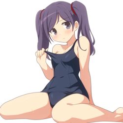  blush breasts cleavage collarbone commentary covered_navel curakuru female grey_eyes highres long_hair looking_at_viewer mega_man_(series) mega_man_battle_network_(series) old_school_swimsuit parted_bangs purple_hair school_swimsuit shuko_kido_(mega_man) simple_background sitting small_breasts solo swimsuit twintails wariza white_background 