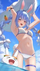  alternate_costume animal_ear_fluff animal_ears armpits bikini blue_hair braid breasts carrot_hair_ornament female food-themed_hair_ornament hair_ornament halterneck hat highres hololive long_hair looking_at_viewer medium_breasts multicolored_hair navel pekomon_(usada_pekora) pendora1022 rabbit_ears rabbit_girl rabbit_tail red_eyes string_bikini sun_hat swimsuit tail twin_braids two-tone_hair usada_pekora virtual_youtuber water white_bikini white_hair 