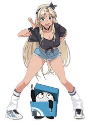  absurdres black_hairband blonde_hair blue_eyes breasts bypos cleavage crop_top dark-skinned_female dark_skin denim denim_shorts fangs female front-tie_top full_body hairband hand_on_own_hip highres jewelry large_breasts leg_warmers long_hair looking_at_viewer midriff open_mouth original ring shoes short_sleeves shorts simple_background sneakers solo spread_legs standing unfinished very_long_hair white_background white_leg_warmers wide_sleeves 