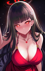  :o absurdres alternate_costume bare_shoulders black_hair black_halo blue_archive blunt_bangs blush breasts bright_pupils cleavage clover_ornament commentary dress female hair_ornament hair_over_shoulder hairclip halo highres jewelry large_breasts long_hair looking_at_viewer parted_lips pendant rain_(rain910) red_dress red_eyes rio_(blue_archive) solo straight-on upper_body very_long_hair white_pupils 