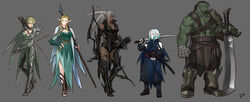  2boys 3girls absurdres arm_tattoo armor arrow_(projectile) bandaged_hand bandages belt belt_buckle blonde_hair blue_hair bow_(weapon) breasts bridal_gauntlets buckle celewen cleavage collarbone colored_skin commentary dagger dark-skinned_female dark_elf dark_skin dinelind_(drill_(emilio)) dress drill_(emilio) dual_wielding earrings elf eyes_visible_through_hair fingerless_gloves forehead_tattoo full_body gloves green_eyes green_hair green_skin grey_background grey_hair height_difference high_heels highres holding holding_bow_(weapon) holding_dagger holding_knife holding_staff holding_sword holding_weapon huge_weapon jewelry katana knife leg_tattoo long_hair long_pointy_ears looking_at_viewer medium_breasts multiple_boys multiple_girls muscular muscular_female muscular_male navel neytharone_(drill_(emilio)) orc original pointy_ears ponytail red_eyes sandals sheath sheathed short_hair simple_background spiked_armor staff standing sword tattoo tusks weapon yellow_eyes 