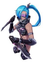  android armlet blue_hair brute_(girls&#039;_frontline) camouflage covered_eyes detached_pants digital_camouflage dual_wielding expressionless female girls&#039;_frontline gloves hair_over_one_eye head-mounted_display highres holding holding_knife knife long_hair midriff reizo_ne side_ponytail toned_female weapon 