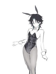  1boy alternate_costume animal_ears black_hair black_leotard closed_mouth covered_navel doupu41 expressionless facial_mark feet_out_of_frame forehead_mark genshin_impact green_hair greyscale highres leotard male_focus male_playboy_bunny monochrome multicolored_hair pantyhose rabbit_ears shiny_clothes shiny_leotard solo spot_color strapless strapless_leotard two-tone_hair white_wrist_cuffs wrist_cuffs xiao_(genshin_impact) 