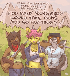  anthro artdecade bottomwear breasts cleavage clothed clothing crop_top denim denim_bottomwear denim_clothing female group gun jeans kerchief lyrics neckerchief outside pants ranged_weapon shirt shotgun topwear trio weapon 