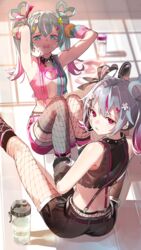  2girls absurdres arm_warmers arms_behind_head arms_up bare_shoulders black_choker black_footwear black_shirt black_shorts blue_eyes blue_hair bottle breasts broken_heart_hair_ornament choker clothing_cutout commentary criss-cross_suspenders cropped_shirt day deco_miku deco_miku_(darkness) ear_piercing exercising fishnet_pantyhose fishnets foot_out_of_frame full_body gradient_hair grey_thighhighs hair_ornament hatsune_miku heart heart_cutout heart_hair_ornament highres indoors leg_grab long_hair looking_at_viewer looking_back midriff multicolored_hair multicolored_shirt multiple_girls nik_ibi pantyhose piercing pink_hair pink_shorts red_eyes shadow shirt shorts sidelighting single_thighhigh sit-up sleeveless sleeveless_shirt spread_legs star_(symbol) star_hair_ornament streaked_hair sunlight suspender_shorts suspenders sweat teeth thighhighs twintails upper_teeth_only vocaloid water_bottle 