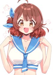  ahoge bare_arms blush breasts brown_eyes brown_hair cleavage collarbone commentary_request female gakuen_idolmaster hanami_ume highres idolmaster large_breasts looking_at_viewer mochitsuki_kagami sailor_bikini sailor_collar sailor_swimsuit_(idolmaster) simple_background smile solo upper_body v-shaped_eyebrows white_background 