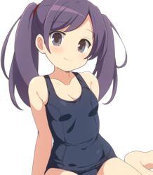  blush breasts cleavage closed_mouth collarbone commentary covered_navel curakuru female grey_eyes highres long_hair looking_at_viewer mega_man_(series) mega_man_battle_network_(series) old_school_swimsuit purple_hair school_swimsuit shuko_kido_(mega_man) simple_background sitting small_breasts smile solo split_mouth swimsuit twintails white_background yokozuwari 