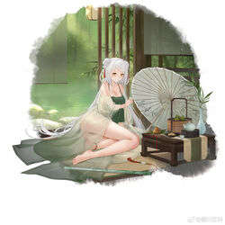  anklet bamboo bamboo_screen bamboo_steamer bare_legs bare_shoulders barefoot breasts chinese_clothes chongqing_(warship_girls_r) cleavage closed_mouth cup double_bun dress dudou feet female flute food full_body hair_bun highres holding instrument jewelry jianr_baike legs long_hair looking_at_viewer medium_breasts oil-paper_umbrella pastry plant see-through sitting solo tassel teacup teapot thighs toes umbrella vase very_long_hair warship_girls_r weibo_logo white_hair yellow_eyes zongzi 