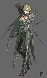  absurdres armor breasts celewen cleavage commentary drill_(emilio) dual_wielding earrings elf eyes_visible_through_hair female full_body green_hair grey_background high_heels highres holding holding_sword holding_weapon jewelry long_pointy_ears looking_at_viewer medium_breasts original pointy_ears short_hair simple_background solo spiked_armor standing sword weapon yellow_eyes 