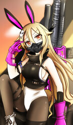  armlet armpits assault_rifle black_jacket blurry blurry_background boots breasts brown_dust_2 brown_thighhighs chinese_commentary commentary_request cropped_jacket feet_out_of_frame female gloves gun gun_on_back hair_between_eyes hair_ornament hand_in_own_hair hane0405 highres jacket knee_up leotard liatris_(brown_dust) looking_at_viewer orange_eyes pink_gloves respirator rifle sideboob sitting skull_hair_ornament solo thighhighs weapon weapon_on_back white_footwear white_leotard 