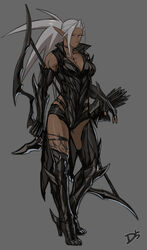  absurdres arm_tattoo armor arrow_(projectile) bow_(weapon) breasts cleavage collarbone colored_skin commentary dark-skinned_female dark_elf dark_skin drill_(emilio) elf female full_body gloves green_skin grey_background grey_hair high_heels highres holding holding_bow_(weapon) holding_weapon leg_tattoo long_hair long_pointy_ears looking_at_viewer medium_breasts muscular muscular_female neytharone_(drill_(emilio)) original pointy_ears ponytail red_eyes simple_background solo spiked_armor standing tattoo weapon 