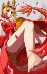  bare_shoulders barefoot blonde_hair braid breasts chalice crown cup dragon_tail dress facial_mark fate/grand_order fate_(series) feet female french_braid inugami86 looking_at_viewer nero_claudius_(fate) petals queen_draco_(fate) queen_draco_(first_ascension)_(fate) red_dress red_eyes scales small_breasts smile solo tail 